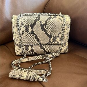 Tory Burch Black/Grey Python Embossed Leather Fringe Crossbody Bag.